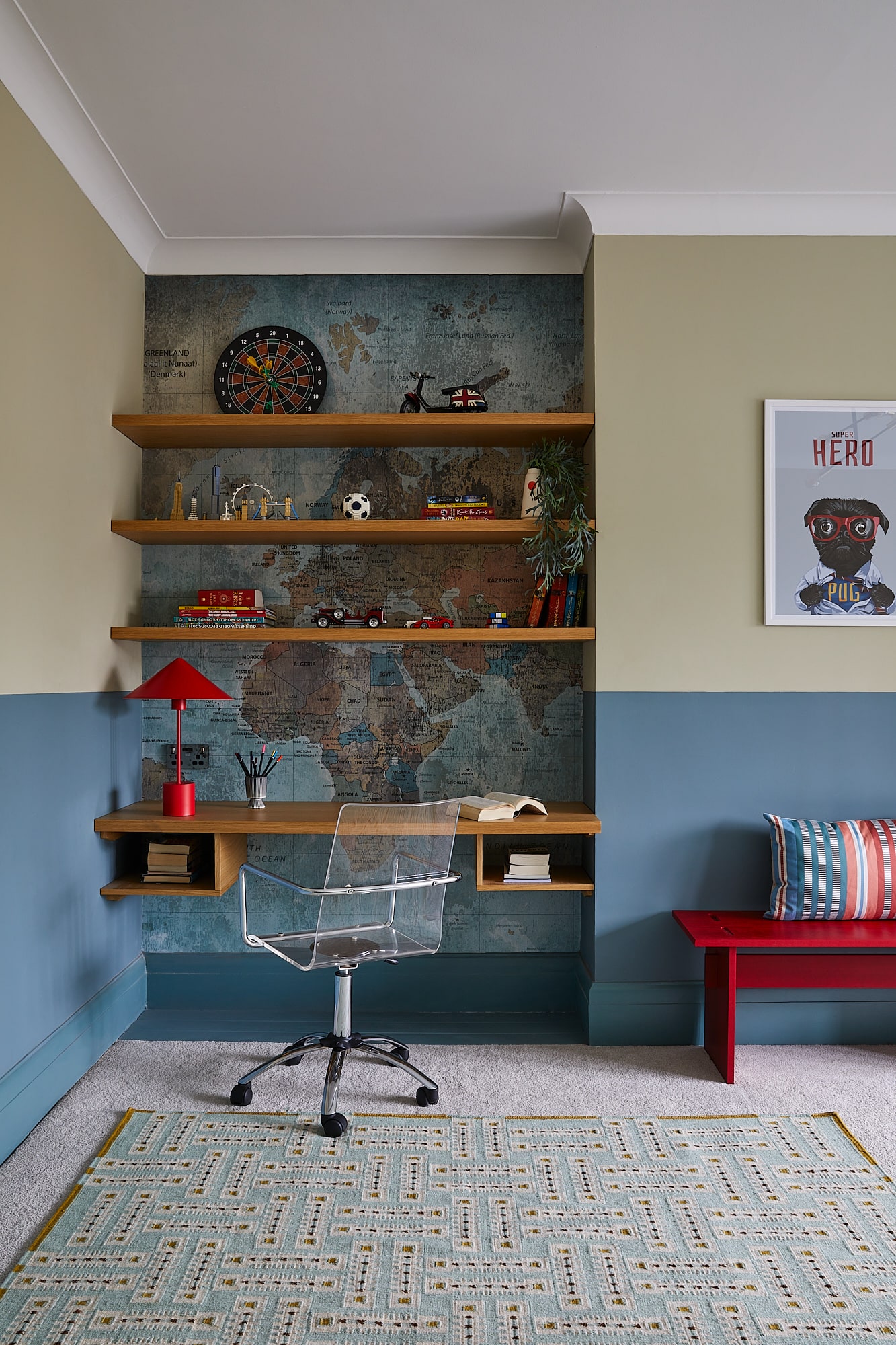 boys bedroom with olive and blue walls, desk and poster with pug