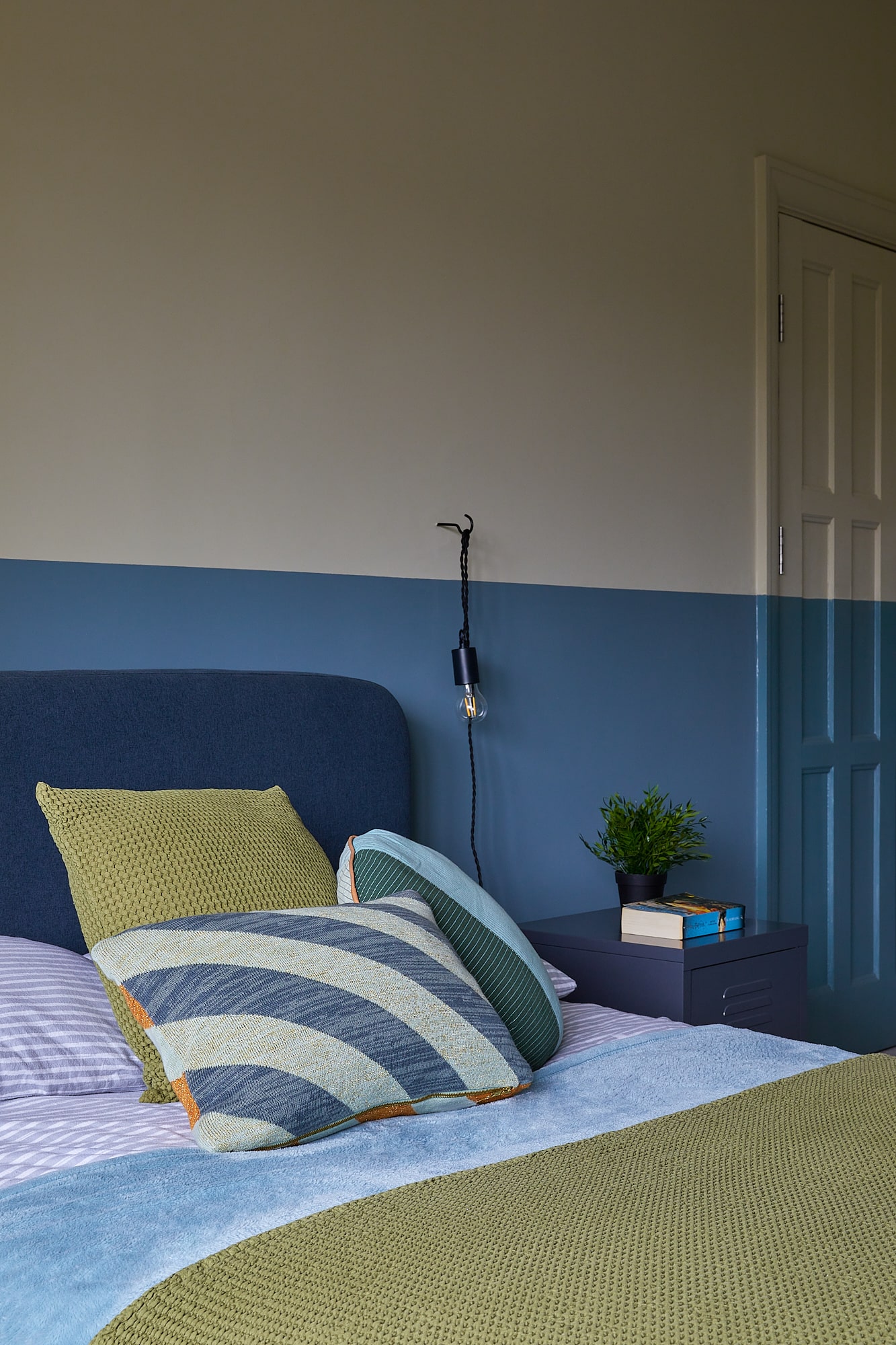 boy's bedroom with olive and blue bedroom